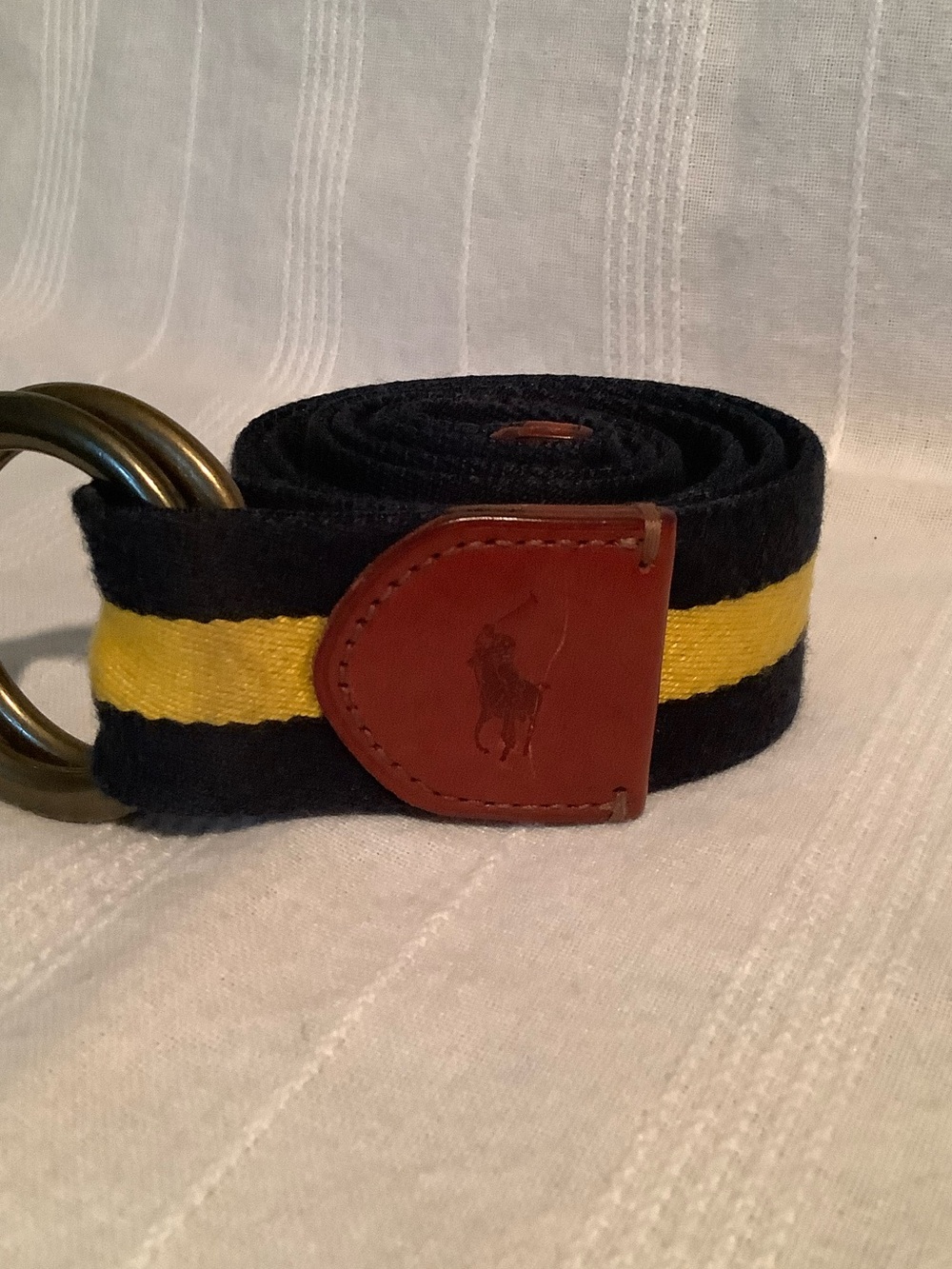 Vintage Polo by Ralph Lauren Navy and Yellow Striped Canvas Belt w Leather Tab - Picture 2 of 6